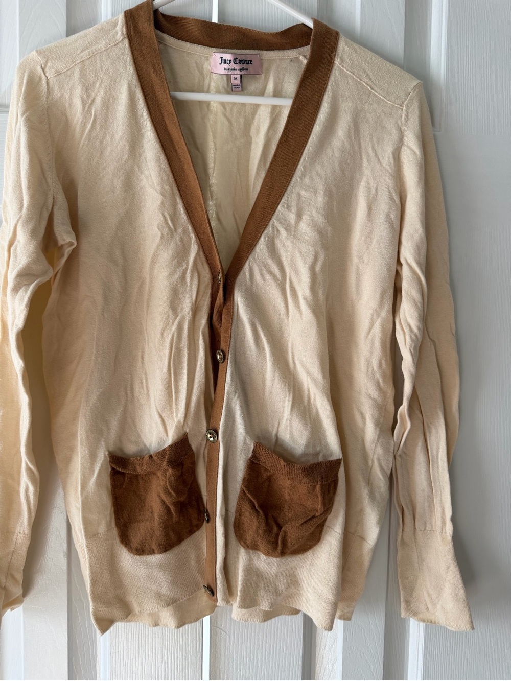Juicy Couture Cream Cardigan with Brown Trim and Pocket Accents